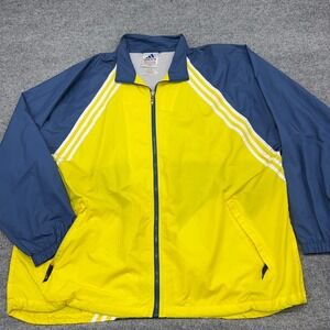 Vintage Adidas Jacket Mens XL Blue Yellow Striped Windbreaker Pockets Full Zip